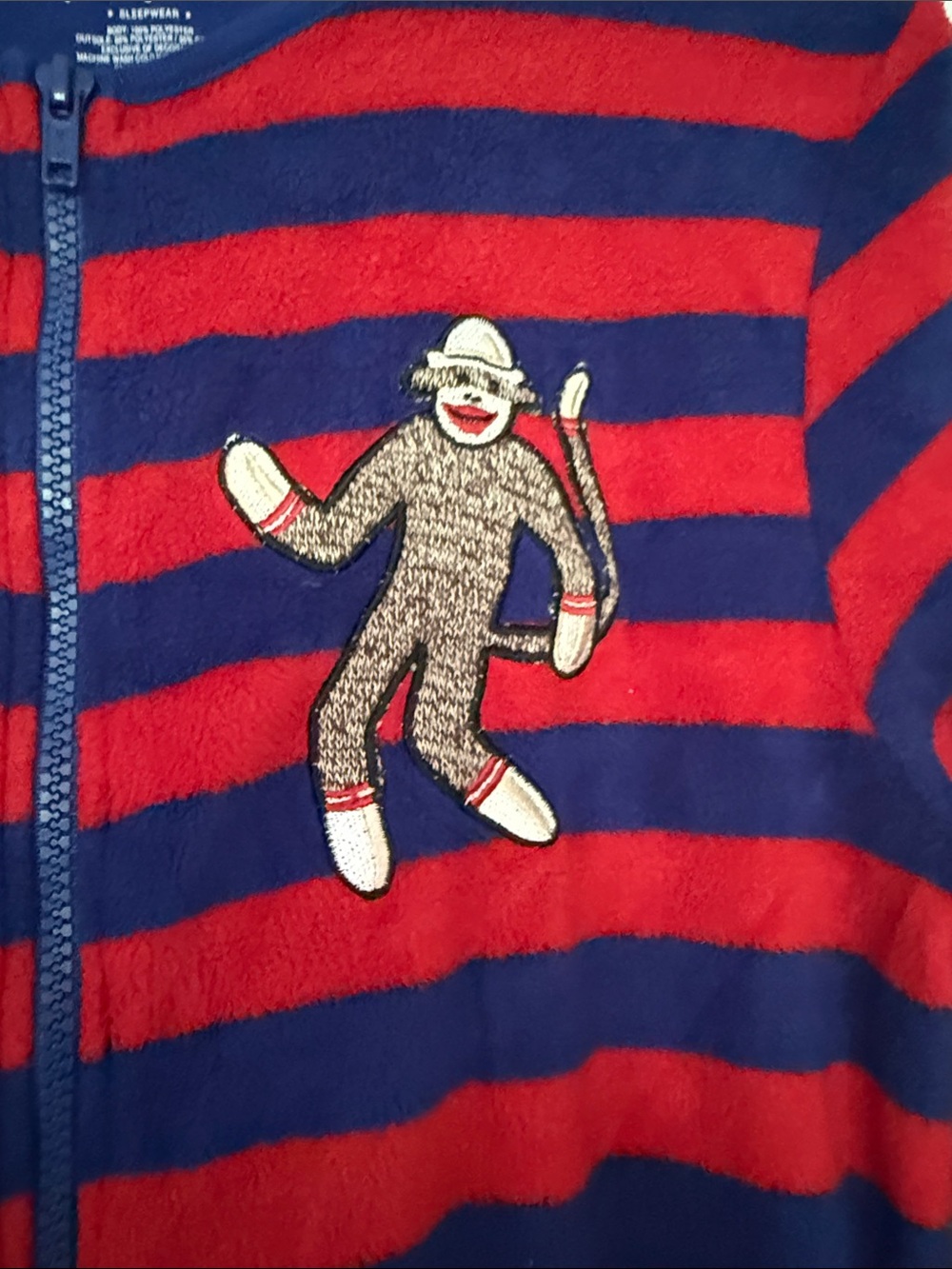 Nick & Nora Sock Monkey Red and Navy Striped Footed Jumpsuit - Picture 4 of 7